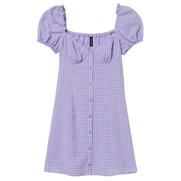 H&M Divided Gingham A Line Square Neck Ruffle Mini Dress Purple Size XS - Picture 1 of 9